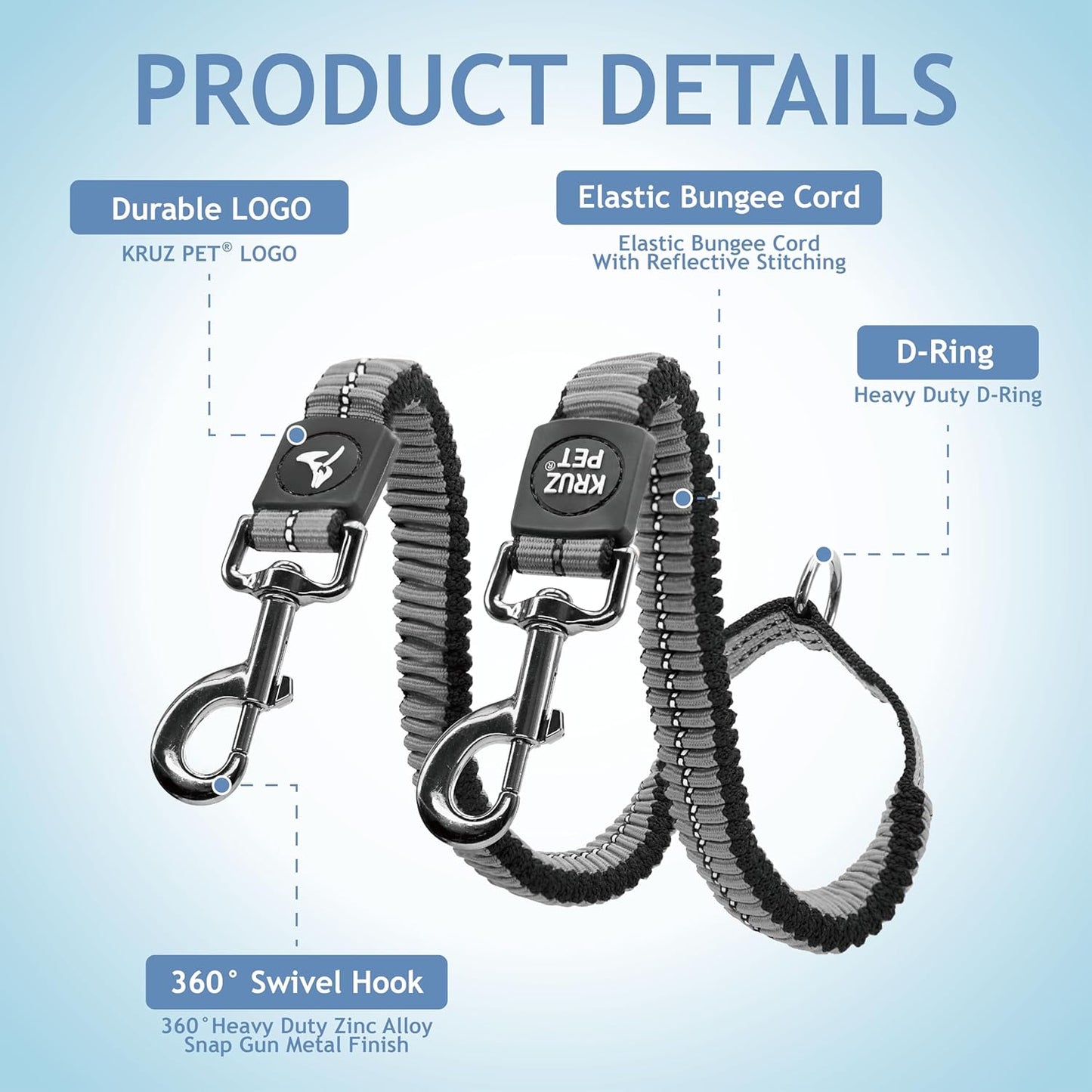 Kruz Double Dog Leash for Two Dogs (Width - 3/4”, Length 17”-34”) Dual Leash Coupler with Tangle-Free Swivel, Shock-Absorbing Reflective Bungee for Comfortable Walking & Training (Gray, Medium)