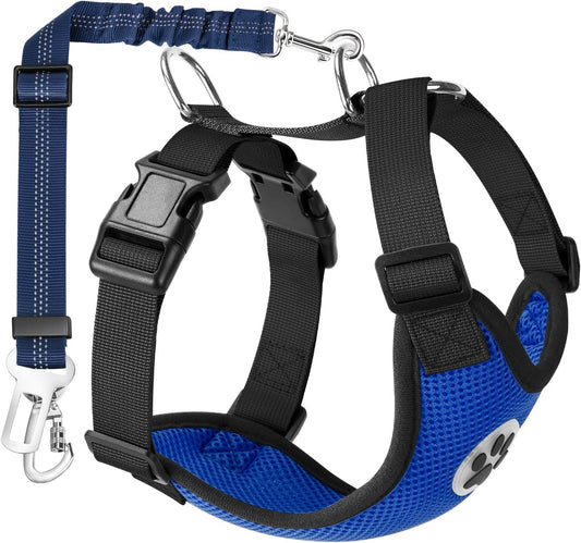 Dog Car Harness Seat Belt, Adjustable Mesh Breathable Vest with Elastic Bungee Tether, Soft Padded 2-In-1 Safety Car Harness Seatbelt for Small Medium Large Dogs (Blue,M)