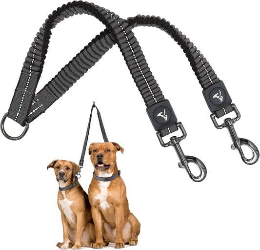 Kruz Double Dog Leash for Two Dogs (Width - 3/4”, Length 17”-34”) Dual Leash Coupler with Tangle-Free Swivel, Shock-Absorbing Reflective Bungee for Comfortable Walking & Training (Gray, Medium)