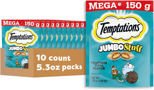 Jumbo Stuffed Cat Treats, Crunchy and Soft Cat Treats, Tempting Tuna Flavor, 5.3 Oz. Pouch (Pack of 10)