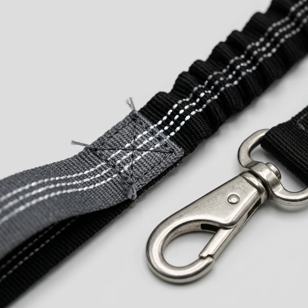 Hands-free bungee dog leash with waist pouch — Bungee and Hardware Detail | Generated by Modelize